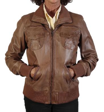 SL1317 - Hip Length Antique Tan Ladies Bomber Jacket